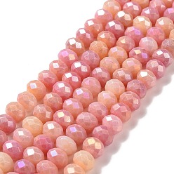 Corail Clair Brins de perles de verre plaquées à facettes, de couleur plaquée ab , rondelle, corail lumière, 7~7.5x5.5~6mm, Trou: 1.4mm, Environ 65 pcs/chapelet, 15.35~15.55 pouce (39~39.5 cm)