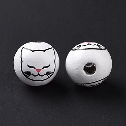White Printed Wood European Beads, Large Hole Beads, Round with Cat Pattern, White, 15.5~16x14.5~15mm, Hole: 4.6mm