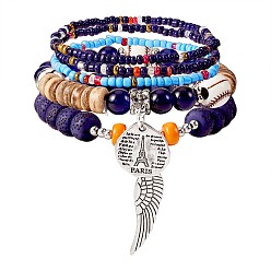 Royal Blue 5Pcs 5 Style Wood & Glass Seed & Acrylic Beaded Stretch Bracelets Set with Baseball, Bohemian Stackable Bracelets with Alloy Wings & Pairs Charm for Women, Royal Blue, 7-1/8 inch(18cm), 1Pc/style