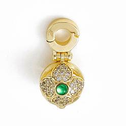 Real 18K Gold Plated Brass Micro Pave Clear Cubic Zirconia Bead Cage Pendants, with Green Glass, Round Cage Charms, Real 18K Gold Plated, 16x7.5x8.5mm, Hole: 2.8mm, Inner Diameter: 6.5mm