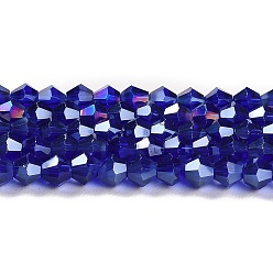 Azul Oscuro Transparentes cuentas de vidrio electroplate hebras, color de ab chapado, facetados, bicono, azul oscuro, 3x2.5 mm, agujero: 0.7 mm, sobre 162~185 unidades / cadena, 12.76~14.61 pulgada (32.4~37.1 cm)