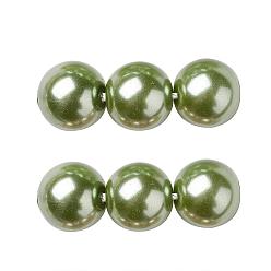 Olive Terne Brins de perles rondes en verre teinté écologique, Grade a, cordon en coton fileté, vert olive, 14mm, Trou: 0.7~1.1mm, Environ 30 pcs/chapelet, 15 pouce