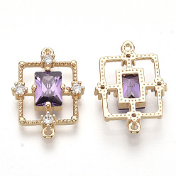 Violet Golden Tone Brass Links connectors, with Faceted Glass and Rhinestone, Rectangle, Violet, 19x13.5x3.5mm, Hole: 1mm