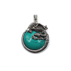 Synthetic Turquoise Synthetic Turquoise Dyed Pendants, Flat Round Charms with Skeleton, with Antique Silver Plated Metal Findings, 40x35mm