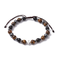 Tiger Eye Natural Tiger Eye & Obsidian Round & Brass Cross Braided Bead Bracelets, Adjustable Bracelet, Inner Diameter: 2-1/4~4-1/8 inch(5.8~10.3cm)