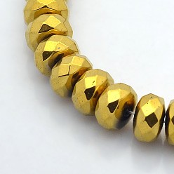 Golden Plated Electroplate Non-magnetic Synthetic Hematite Beads Strands, Faceted Rondelle, Golden Plated, 10x6mm, Hole: 1mm, about 67pcs/strand, 15.7 inch