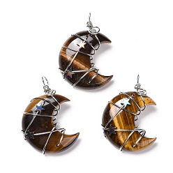 Tiger Eye Natural Tiger Eye Pendants, with Platinum Tone Brass Wire Wrapped and Hematite Star Beads, Cadmium Free & Lead Free, Moon, 45.5~47x32.5~33.5x11~12mm, Hole: 5mm