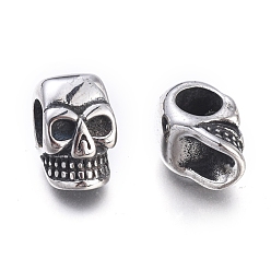 Antique Silver Halloween 304 Stainless Steel European Beads, Large Hole Beads, Skull Head, Antique Silver, 15x9x10mm, Hole: 5.5mm