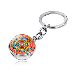 Tomato Yoga Mandala Pattern Double-Sided Glass Half Round/Dome Pendant Keychain, with Alloy Findings, for Car Bag Pendant Accessories, Tomato, 7.9cm
