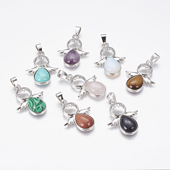 Mixed Stone Natural & Synthetic Mixed Stone Pendants, Angel, with Brass Finding, Platinum, 34x25.5x4.5~6.5mm, Hole: 4~5x7mm