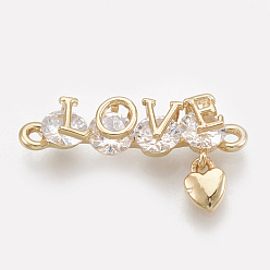 Real 18K Gold Plated Cubic Zirconia Links, Real 18K Gold Plated, with Brass Findings, Word Love with Heart, Clear, 10x19.5x3.5mm, Hole: 1mm