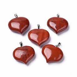 Jaspe Rouge Pendentifs naturels de jaspe rouge, charmes de coeur d'amour, avec bouton pression en laiton couleur platine sur les balles, 24~25.5x25x9.5~10mm, Trou: 8x2.8mm