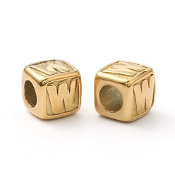 Letter W 304 Stainless Steel European Beads, Large Hole Beads, Horizontal Hole, Cube with Letter, Golden, Letter.W, 8x8x8mm, Hole: 4mm