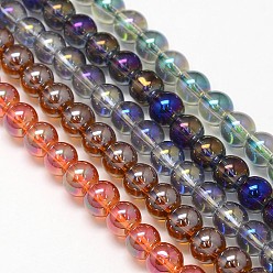 Couleur Mélangete Cristal plaquent perles rondes de fils de verre, couleur arc-en-plaqué, couleur mixte, 8mm, Trou: 1mm, Environ 54 pcs/chapelet, 15.7 pouce