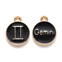 Gemini Alloy Enamel Pendants, Flat Round with Constellation, Light Gold, Black, Gemini, 15x12x2mm, Hole: 1.5mm, 50pcs/Box