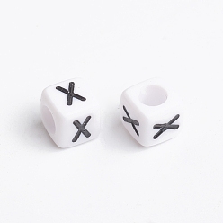 Letter W Acrylic Horizontal Hole Letter Beads, Cube, White, Letter X, Size: about 6mm wide, 6mm long, 6mm high, hole: about 3.2mm, about 2600pcs/500g