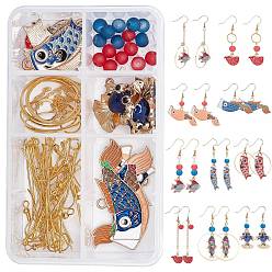 Mixed Color SUNNYCLUE DIY Fish Themed Earring Making Kits, Including Alloy Enamel Pendants, Frosted Glass Bead, Brass Linking Rings & Cable Chain & Earring Hook, Iron Pins, Mixed Color