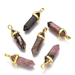 Rhodonite Natural Rhodonite Double Terminated Pointed Pendants, with Random Alloy Pendant Hexagon Bead Cap Bails, Golden, Bullet, 37~40x12.5x10mm, Hole: 3x4.5mm