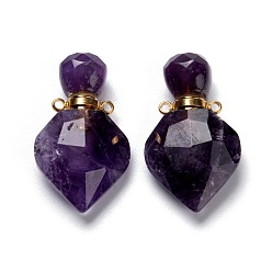 Amethyst Natural Amethyst Perfume Bottle Pendants, with Golden Brass Findings, Faceted, Rhombus, 27mm, Hole: 1.4mm
