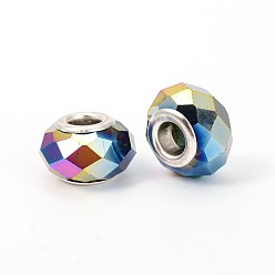 Rainbow Plated Faceted Glass European Beads, Large Hole Rondelle Beads, with Silver Color Plated Brass Cores, Full Rainbow Plated, 14x9mm, Hole: 5mm