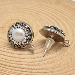 White Pearl Rhinestone Ear Stud Findings, with Platinum Plated Brass Finding, White, 18x14mm, pin: 0.8m