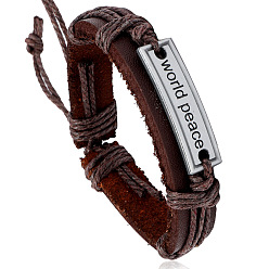 Coconut Brown Adjustable Cowhide Cord Bracelets for Men, Antique Silver Tone Word World Peace Alloy Links Bracelets, Coconut Brown, 6-3/4~7-1/8 inch(17~18cm)