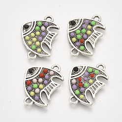 Colorful Alloy Links connectors, with Resin and Rhinestone, Fish, Antique Silver, Colorful, 22x15.5x2mm, Hole: 1.8mm