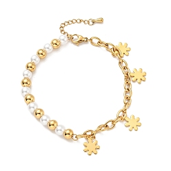 Golden 201 Stainless Steel Snowflake Charm Bracelet, Plastic Pearl Beaded Bracelet with Vacuum Plating 304 Stainless Steel Cable Chains for Women, Golden, 7-1/2 inch(19cm)