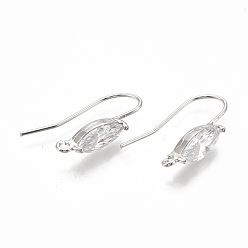 Real Platinum Plated Brass Earring Hooks, with Cubic Zirconia and Horizontal Loop, Horse Eye, Clear, Nickel Free, Real Platinum Plated, 21~23x14~17x5mm, Hole: 1.5mm