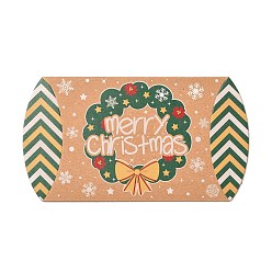 Green Christmas Theme Cardboard Candy Pillow Boxes, Cartoon Christmas Wreath Candy Snack Gift Box, Green, Fold: 7.3x11.9x2.6cm