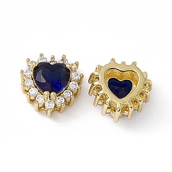 Blue Rack Plating Brass Micro Pave Cubic Zirconia Beads, with Glass, Real 18K Gold Plated, Long-Lasting Plated, Cadmium Free & Nickel Free & Lead Free, Heart, Blue, 10.5x10.5x6mm, Hole: 1.2~3.5x1.2~1.4mm