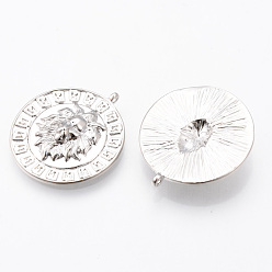 Platinum Brass Pendants, Nickel Free, Flat Round with Lion Head, Platinum, 28x24.5x5mm, Hole: 1.2mm