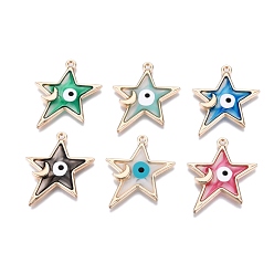 Mixed Color Alloy Enamel Pendants, Golden, Star with Moon and Evil Eye, Mixed Color, 28.5x24x2mm, Hole: 1.5mm