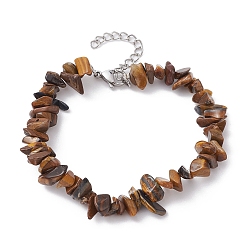 Tiger Eye Natural Tiger Eye Chips Beaded Bracelet, with 304 Stainless Steel Clasps, 7-1/8 inch(18cm)