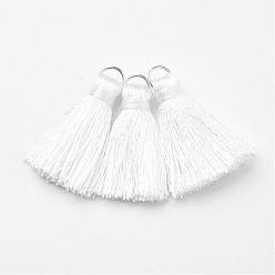 Blanco Borlas de nylon colgante decoraciones, con fornituras de aleación, blanco, 31x7 mm, agujero: 2x5 mm