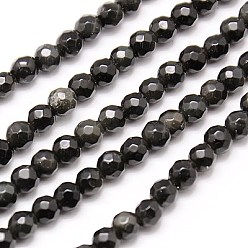 Obsidian Natural Obsidian Beads Strands, Faceted, Round, Black, 4mm, Hole: 1mm, about 90pcs/strand, 15.35 inch