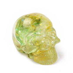 Yellow Green Natural Fluorite Skull Beads, Halloween Transparent Resin Skull with Gold Foil, No Hole, Yellow Green, 23x22x25mm