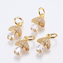 Real 18K Gold Plated Brass Micro Pave Cubic Zirconia Charms, Cadmium Free & Lead Free, Mushroom, Real 18K Gold Plated, 11x7.5x4mm, Hole: 3mm