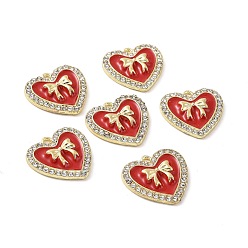 Red Alloy Enamel Pendants, with Crystal Rhinestone, Cadmium Free & Lead Free, Light Gold, Heart with Bowknot, Red, 20.5x20.5x3.5mm, Hole: 1.8mm