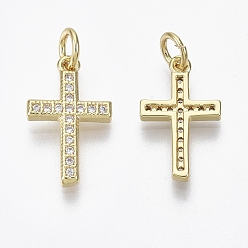 Real 18K Gold Plated Brass Micro Pave Cubic Zirconia Charms, with Jump Ring, Nickel Free, Cross, Clear, Real 18K Gold Plated, 17x10.5x2mm, Hole: 3mm