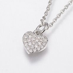 Platinum Brass Cubic Zirconia Pendant Necklaces, Heart, Platinum, 17.71 inch(45cm), 1~1.2mm
