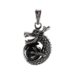 Noir Rétro élégant 304 en acier inoxydable pendentifs en agate de dragon, argent antique, noir, 37.5x17x25mm, Trou: 6x10.5mm