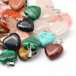 Pierre Mélangete Pendentifs de pierres naturelles et synthétiques coeur, avec les accessoires en laiton de tonalité de platine, 17~19x15~16x5~8mm, Trou: 2x7mm