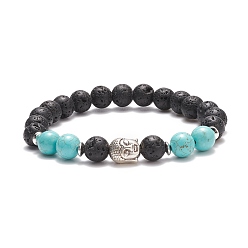 Others Natural Lava Rock & Synthetic Green Turquoise(Dyed) Stretch Bracelet with Alloy Beaded, Gemstone Jewelry for Women, Buddha Pattern, Buddha Head: 10x9x8mm, Inner Diameter: 2 inch(5.2cm)