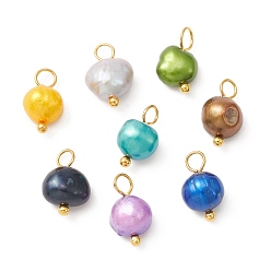 Golden Dyed Natural Cultured Freshwater Pearl Charms, Two Sides Polished, with Brass Loops, Mixed Color, Golden, 12~12.5x7~8x5.5~6mm, Hole: 2.2mm