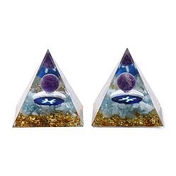 Piscis Decoraciones de exhibición para el hogar con pirámide de orgonita de resina, con chips de amatista natural/piedras preciosas naturales, constelación, Piscis, 50x50x50 mm