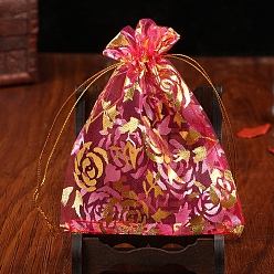 Cerise Pochettes à bijoux en organza avec cordon de serrage, sacs-cadeaux de fête de mariage, rectangle avec motif de fleurs estampé d'or, cerise, 9x7 cm