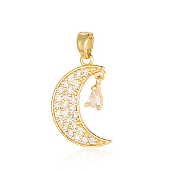 Real 18K Gold Plated Brass Micro Pave Clear Cubic Zirconia Pendants, Moon Charms, Real 18K Gold Plated, 20x12x1.8mm