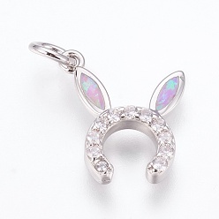 Pearl Pink Brass Cubic Zirconia Bunny Pendants, with Synthetic Opal, Rabbit Ears, Platinum, Pearl Pink, 17x15x3mm, Hole: 4mm