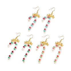 Mixed Color 3 Pairs 3 Style Glass Christmas Candy Cane with Alloy Bowknot Dangle Earrings, Gold Plated Brass Jewelry for Women, Mixed Color, 69mm, Pin: 0.8mm, 1 Pair/style